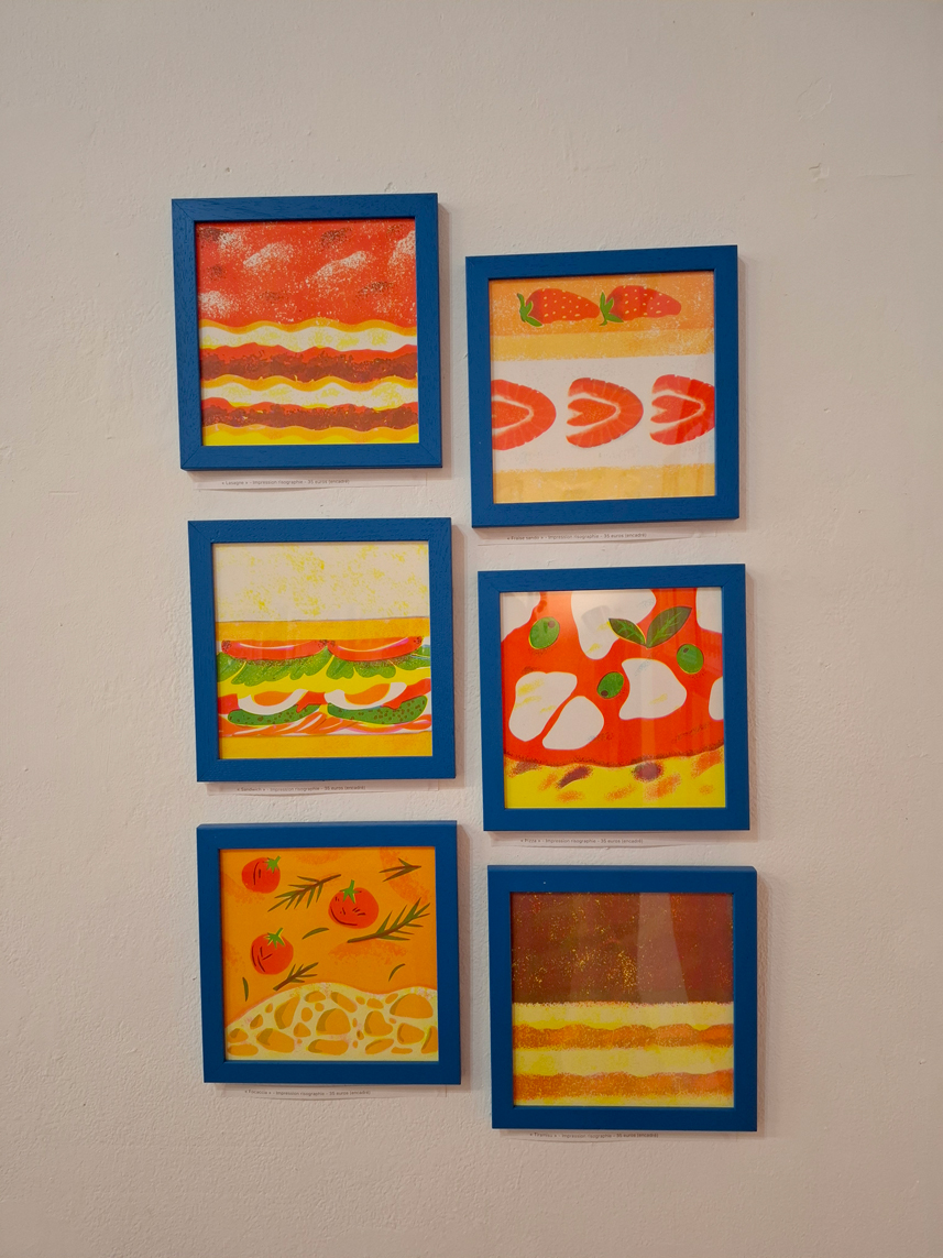 De haut en bas / De gauche à droite : Lasagne, Fraise Sando, Sandwich, Pizza, Focaccia, Tiramisu / 20x20 cm - 35 euros/l'une